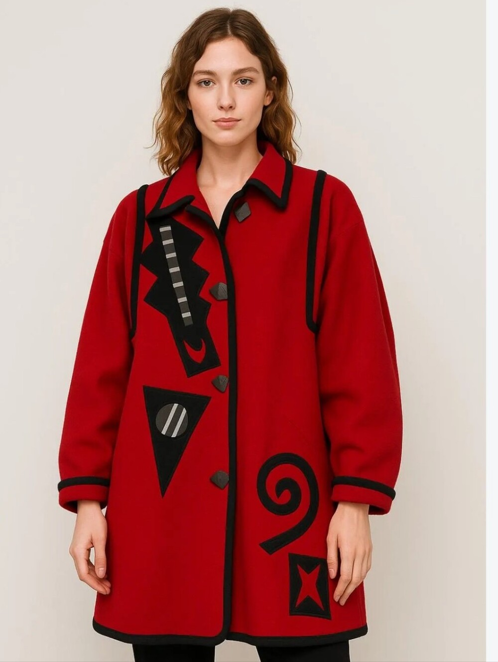 Beppa Vintage Red Wool-Blend Art Coat with Black Graphic Trim Womens Large